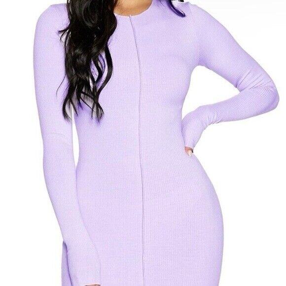 Naked Wardrobe Mini Dress Snatched Vibes Long Sleeve Rib Knit Purple Small NWT - Picture 1 of 10